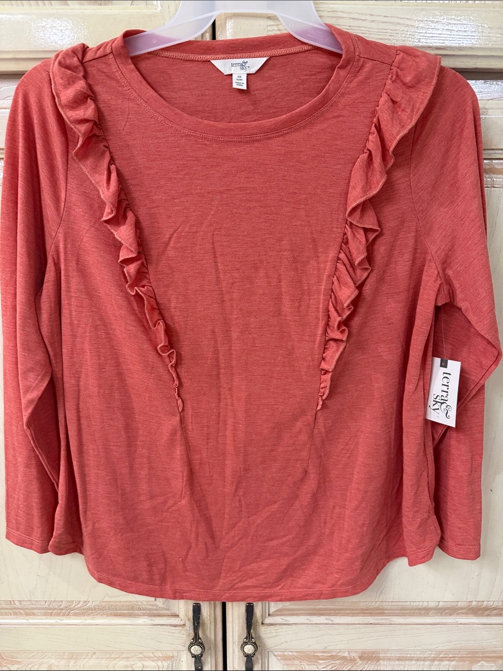 Terra & Sky Coral Ruffle-Trim Long Sleeve Top